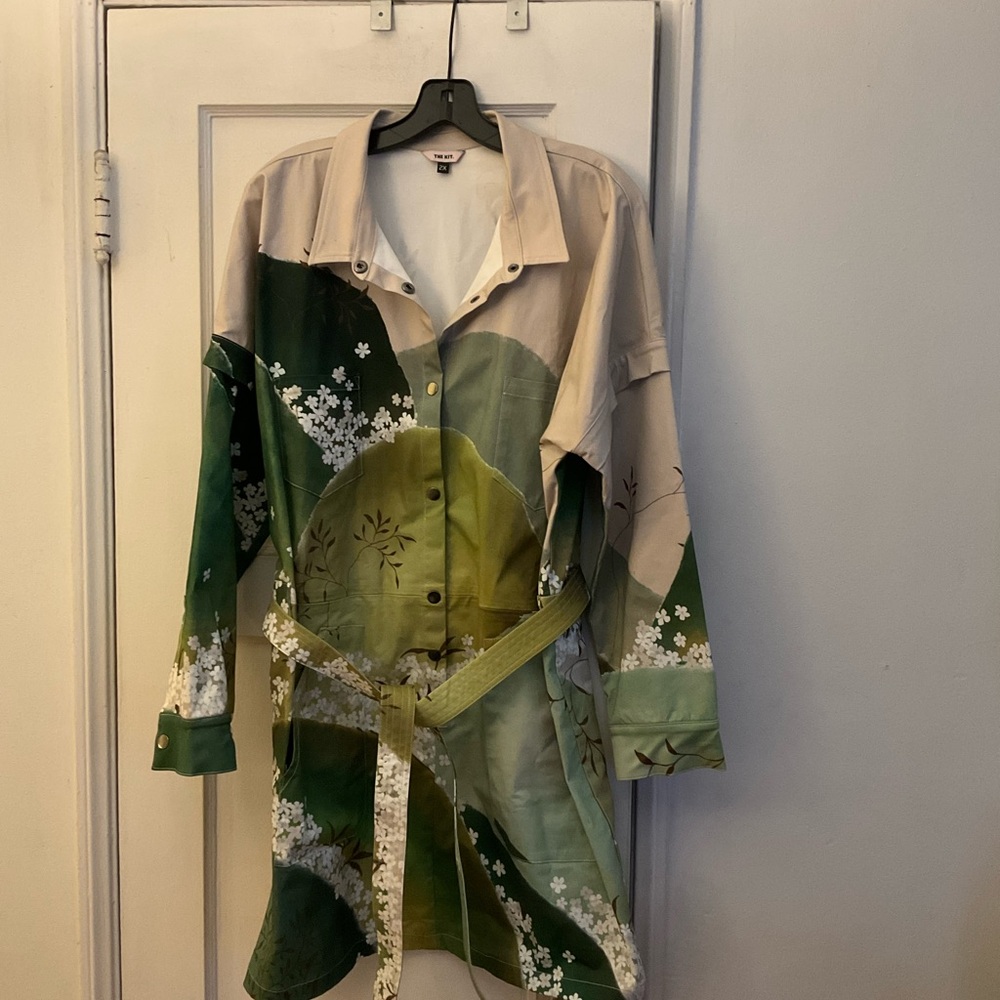 The Kit 2XL Floral Green and Beige Stretch Organic Cotton Twill Belted Dress